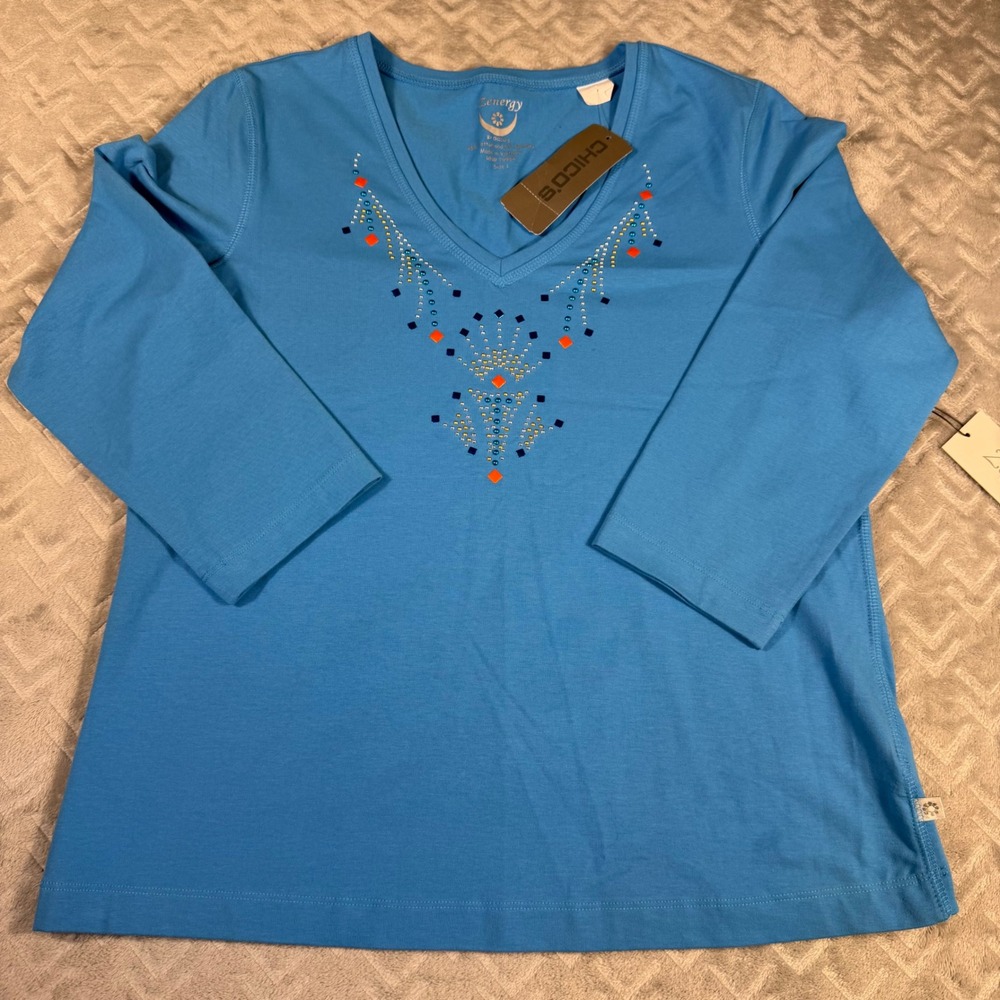 Chico's Zenergy Women's Top Sz Medium (1) Blue 3/4 Sleeve Sequin Design NWT
